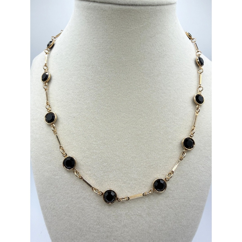 Vintage Princess House Black Crystal Necklace Gold Tone 24" Station Signed